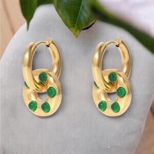 NEW 14K yellow gold stainless steel faux green agate drop earrings jewelry B20